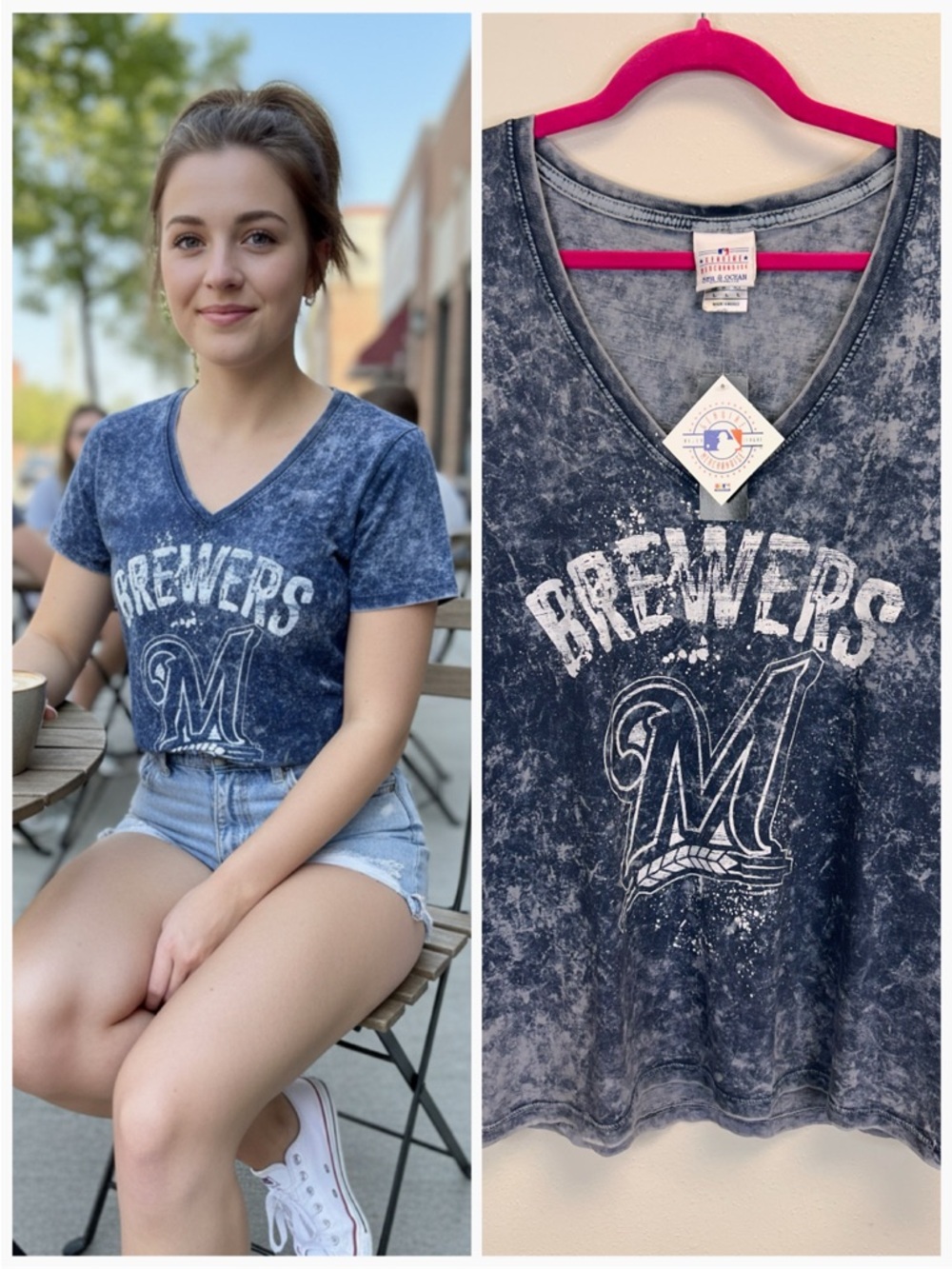 Milwaukee Brewers V-Neck Tee Size L NWT Baseball Wisconsin Sporty Athletic Fun